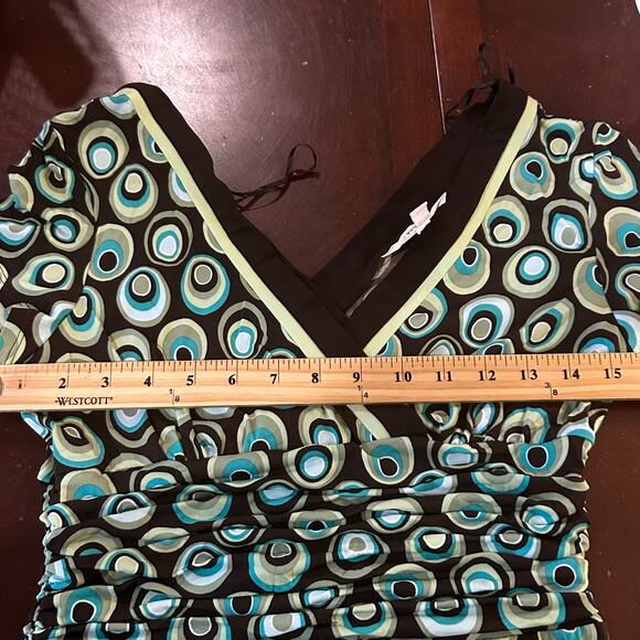 Studio I Dress Womens 8 Green Geometric Print Short Cap Sleeve Career Casual - Picture 3 of 7